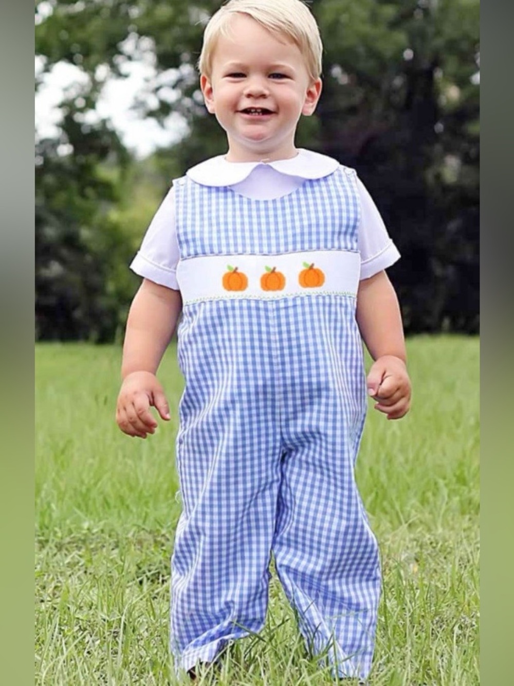 Southern Sunshine Boys Smocked Pumpkin Blue Gingham Longall Romper, Size 24M